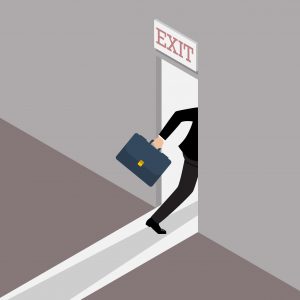 Business solution or exit strategy. Businessman runs to the exit door